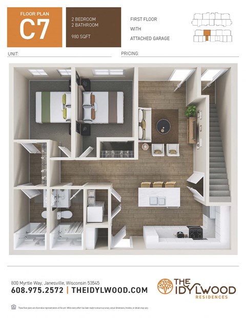 Floor plan for 2 beds, 2 baths, 980 sqft